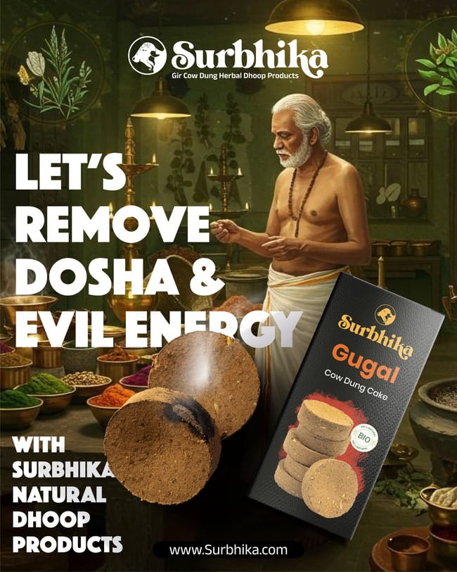 Ad for Surbhika natural dhoop products showing an elderly man in a temple-like setting, bold white text about removing dosha and evil energy, and a boxed dhoop cake with the website.